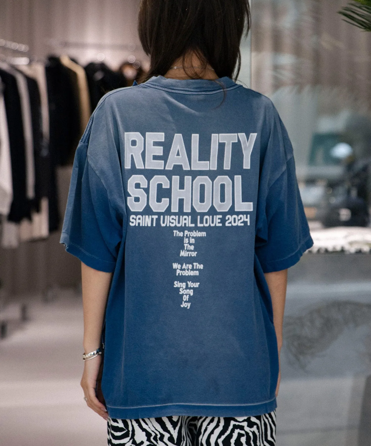 SAINT Mxxxxxx REALITY SCHOOL SS_TEE/NVY slogan distressed short-sleeves, washed blue S-XL, garment dyeing, horse fade, ultra-complex shearing and destruction treatment, correct version, cylindrical fabric, customized original consistent main mark/wash mark, original consistent silver powder printing, distressed treatment